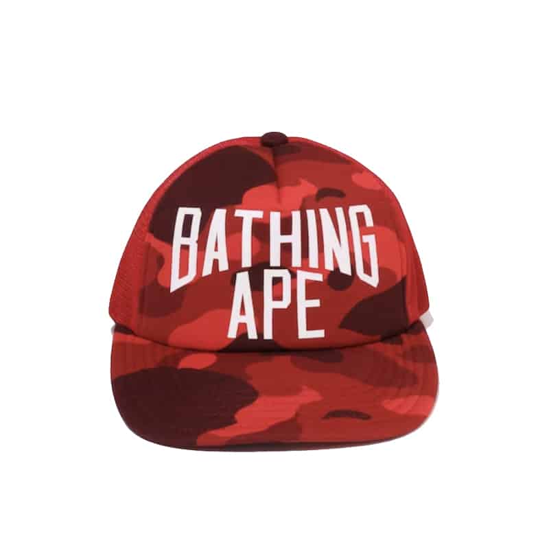 Bape NYC Logo Trucker Hat Red Camo - Front